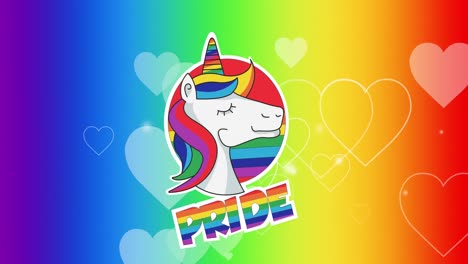 Animation-of-pride-text,-unicorn-and-hearts