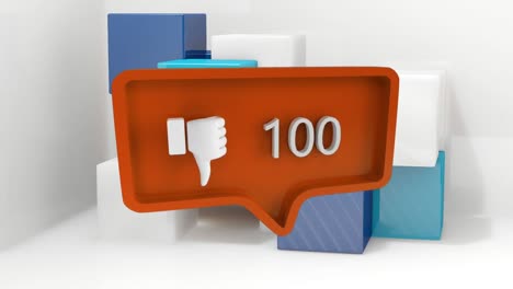 Animation-of-dislike-icon-with-growing-number-over-blue-cubes-on-white-background