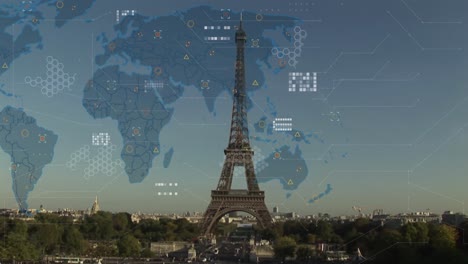 Animación-Del-Procesamiento-De-Datos-Con-Mapa-Mundial-Sobre-El-Paisaje-Urbano-De-París