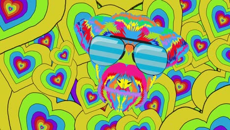 Animation-Des-Regenbogenhundegesichts-über-Regenbogenherzen-Im-Hintergrund