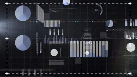 Animation-Von-Bildschirmen-Mit-Statistischer-Datenverarbeitung-über-Ein-Gitternetz-Vor-Schwarzem-Hintergrund