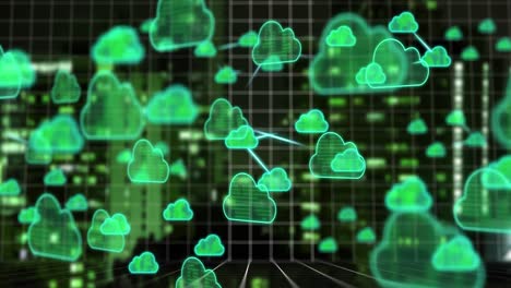 Animation-Von-Wolkensymbolen-Und-Datenverarbeitung-über-Dem-Stadtbild