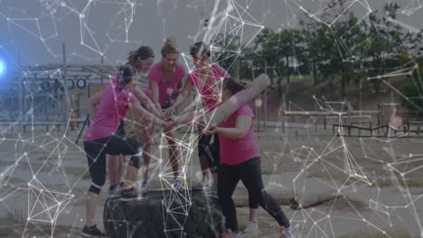 Animation-of-shapes-over-diverse-women-at-obstacle-course-teaming-up