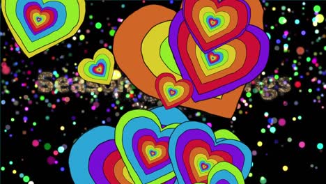 Animation-of-rainbow-hearts-over-glowing-spots-on-black-background