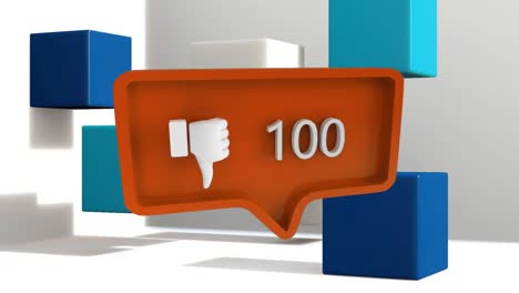 Animation-of-dislike-icon-with-growing-number-over-blue-cubes-on-white-background