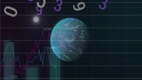 Animation-Sich-ändernder-Zahlen-über-Diagrammen-Und-Rotierendem-Globus-Und-Mond-Auf-Schwarzem-Hintergrund