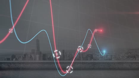 Animation-Leuchtender-Diagramme,-Die-Sich-über-Ein-Gitternetz-Bewegen,-Im-Vergleich-Zur-Luftaufnahme-Der-Stadtlandschaft