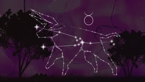 Animation-of-taurus-star-sign-with-glowing-stars-over-landscape-with-trees
