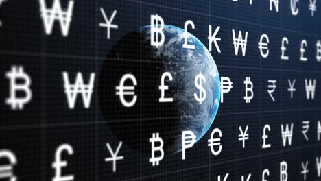 Animation-Von-Währungssymbolen-über-Dem-Globus-Auf-Schwarzem-Hintergrund