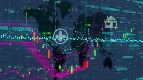 Animación-Del-Procesamiento-De-Datos-Financieros-Con-íconos-Sobre-El-Mapa-Mundial