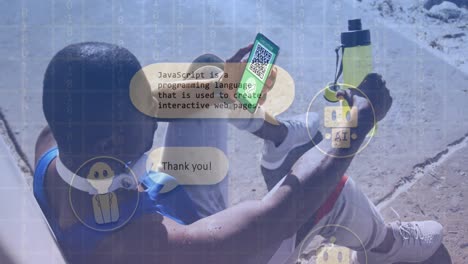 Animation-Der-Online-KI-Chat-Verarbeitung-über-Einem-Afroamerikanischen-Mann,-Der-Mit-Seinem-Smartphone-Auf-Der-Straße-Sitzt