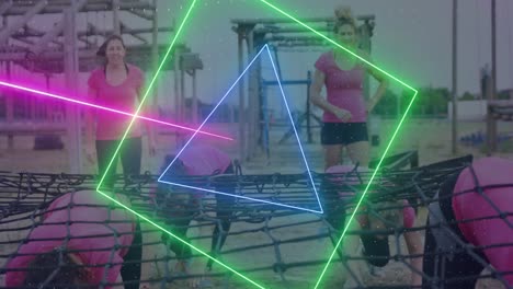 Animation-of-neon-shapes-over-diverse-women-at-obstacle-course-running