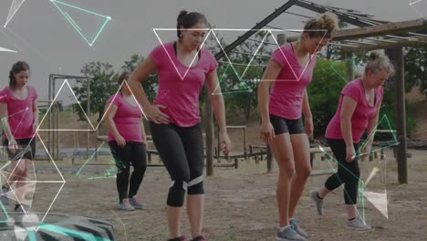 Animation-of-shapes-over-diverse-women-at-obstacle-course-exercising