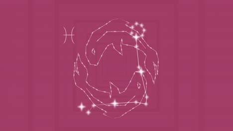 Animation-of-pisces-star-sign-with-glowing-stars-on-pink-background