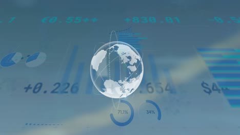 Animation-Des-Sich-Drehenden-Globussymbols-Und-Der-Statistischen-Datenverarbeitung-Vor-Blauem-Hintergrund