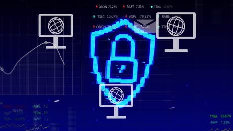 Animation-of-globe-with-computer-and-envelope-icons-over-padlock-and-data-processing