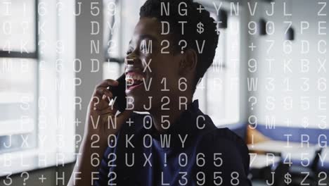 Animation-of-data-processing-over-african-american-businesswoman-using-smartphone