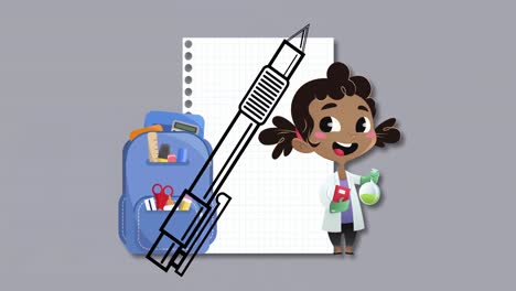 Animation-of-drawing-of-pen-over-school-icons-and-female-scientist-on-grey-background