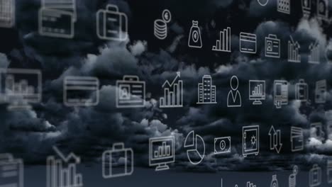 Animation-of-multiple-digital-icons-against-dark-clouds-in-the-sky