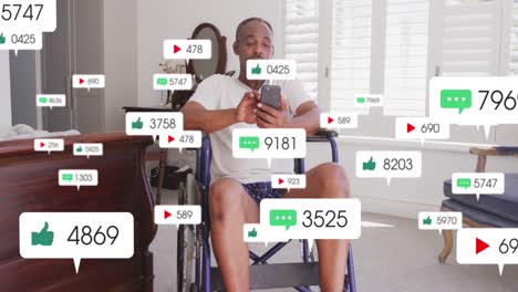 Animation-of-social-media-icons-against-african-american-disabled-man-using-smartphone-at-home
