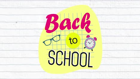 Animation-of-back-to-school-text-banner-and-school-concept-icons-on-white-lined-paper-background