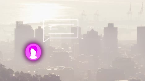 Animation-of-social-media-icon-with-speech-bubble-over-cityscape
