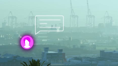 Animation-of-neon-profile-and-message-icon-against-aerial-view-of-cityscape