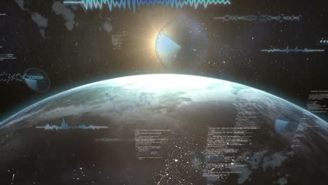Animation-of-radars,-computer-language,-soundwaves,-map-over-globe-against-lens-flare