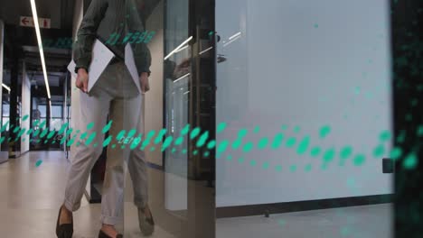 Animation-of-data-processing-and-globe-against-asian-businesswoman-walking-at-office