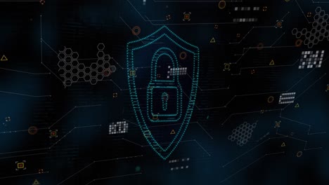 Animation-of-shield-with-padlock-icon-and-data-processing-on-black-background