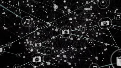Animation-of-network-of-digital-icons-and-white-spots-against-black-background