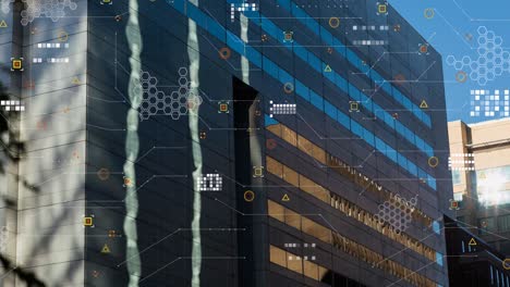 Animation-of-data-processing-over-tall-building-against-blue-sky