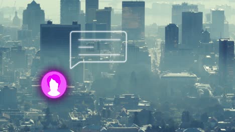 Animation-of-social-media-icon-with-speech-bubble-over-cityscape