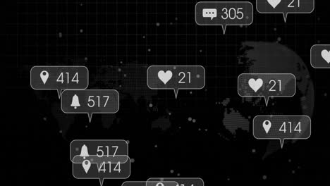 Animation-of-social-media-icons-with-numbers-over-spots-and-globe-on-black-background