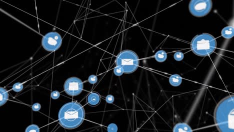 Animation-of-network-of-connections-and-digital-icons-against-black-background