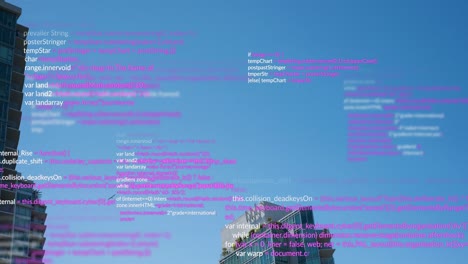 Animation-of-data-processing-over-tall-buildings-against-blue-sky