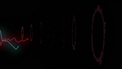 Animation-of-graphs-moving-over-red-round-scanner-spinning-against-black-background
