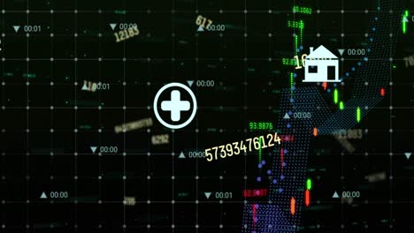 Animation-Digitaler-Symbole-Und-Finanzdatenverarbeitung-über-Ein-Gitternetzwerk-Auf-Schwarzem-Hintergrund
