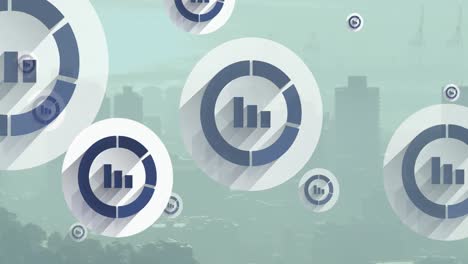 Animation-of-multiple-bar-graph-icons-floating-against-aerial-view-of-cityscape
