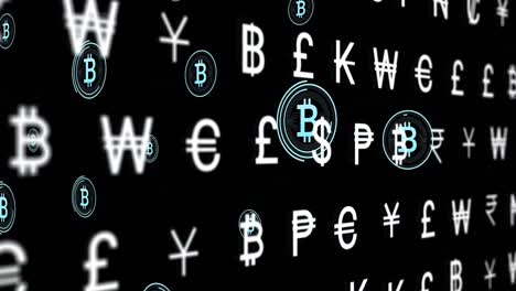 Animation-of-bitcoins-floating-over-currency-symbols-on-black-background