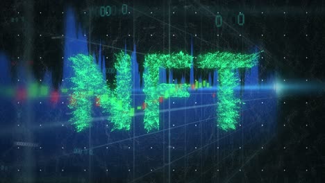 Animation-Von-Grünem-NFT-Textbanner,-Datenverarbeitung-Und-Lichtfleck-Vor-Schwarzem-Hintergrund