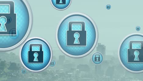 Animation-of-padlock-icons-over-cityscape
