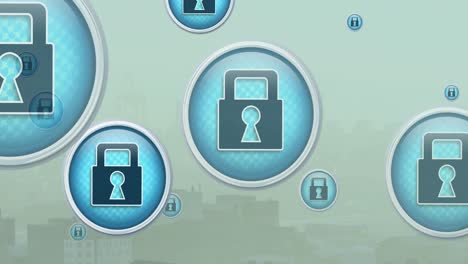 Animation-of-multiple-security-padlock-icons-floating-against-aerial-view-of-cityscape