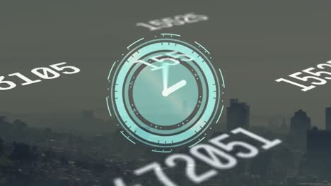 Animation-of-clock-ticking-and-numbers-over-cityscape