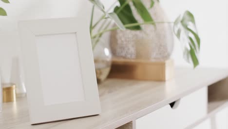 White-frame-with-copy-space-on-white-background-with-plant-on-desk-against-whtie-wall