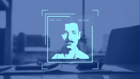 Animation-Der-Datenverarbeitung-Mit-Porträts-Verschiedener-Personen-über-Dem-Schreibtisch-Mit-Laptop