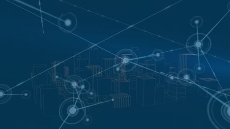 Animation-of-dots-connected-with-lines-over-3d-model-of-buildings-against-blue-background