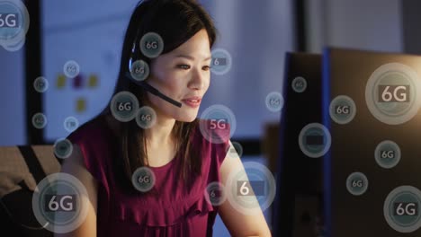 Animation-of-multiple-6g-text-banners-over-asian-woman-talking-on-phone-headset-at-office