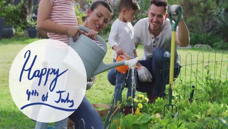 Animation-of-4th-of-july-text-over-caucasian-couple-with-son-and-daughter-gardening