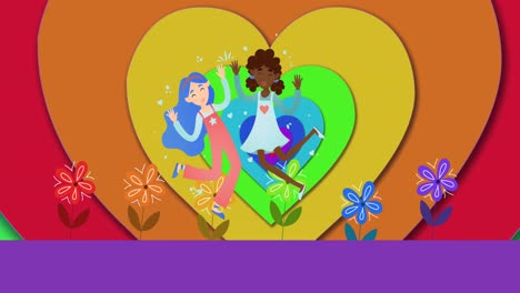 Animation-of-gay-female-couple-over-rainbow-heart-background